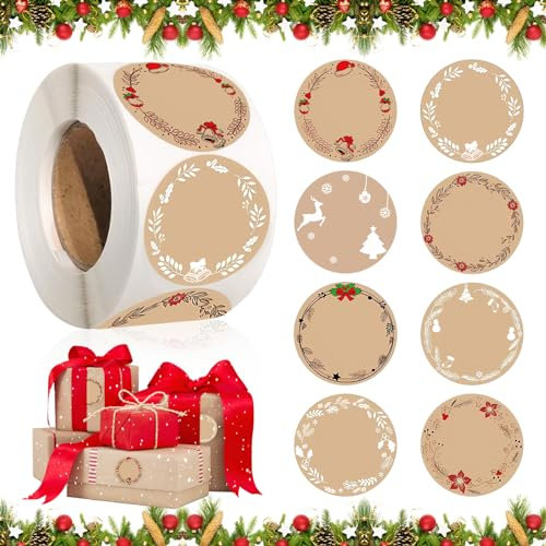 Lets Joy Weihnachtsaufkleber Rund, 500 Stück Weihnachtliche Geschenkaufkleber, Rolle Weihnachtsaufkleber, Kraftpapier Aufkleber, Selbstklebende Geschenkaufkleber, Umschlag Geschenkverpackungen