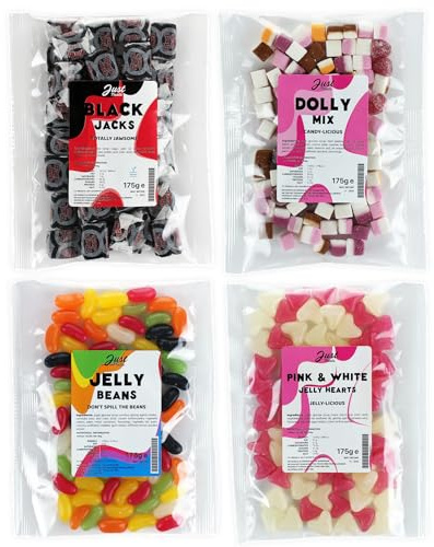 Just Treats Sweet Quartet - Jelly Pink & White Love Hearts, Jelly Beans, Black Jack Chews, Dolly Mixture (4 x 175g Bags) - 2,7,17,18
