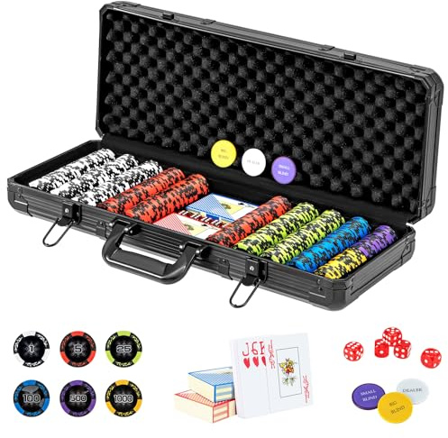 COSTWAY pokerset med 500 laserchips, pokerväska med 2 spelkort, 5 kuber, 3 återförsäljarchips och 2 nycklar, aluminium kasino pokerväska, komplett set (500 st)