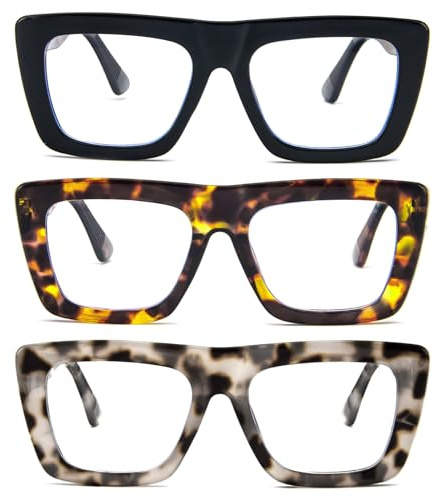 MMOWW 3 Pack Oversized Reading Glasses Square Frame for Women Men, Blue Light Blocking Computer Readers with Spring Hinges Eyeglasses +2.5
