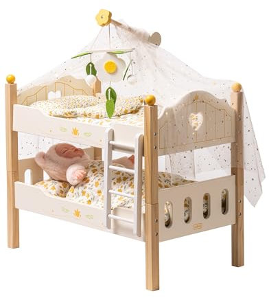 ROBUD Puppenbett für Puppen, Puppen Zubehör Holz Etagenbett, Stapelbares & Abnehmbares Puppenwiege, Puppen Bett für 43 cm Puppen mit Puppenbettwäsche, Mädchen Geschenk Spielzeug für Kinder (Gelb)