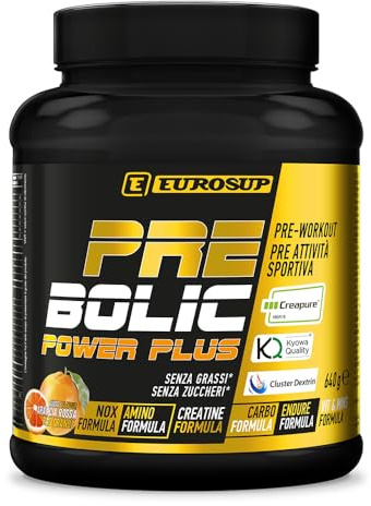 EUROSUP PRE BOLIC POWER – Pre Workout Completo in Polvere | Con Cluster Dextrin, Creapure, BCAA, EAA, Arginina e Citrullina Kyowa | Energia, Pump, Focus e Performance | Vegan | 640 g - Arancia Rossa
