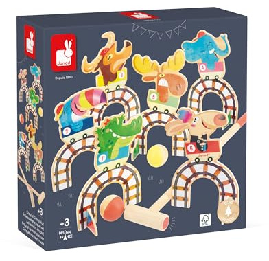 Janod - Applepop Children’s Croquet Set - Game of Skill - 6 Hoops + 2 Mallets + 2 Balls - Develops Dexterity & Concentration - FSC Wood Toy - 3 Years +, J03353