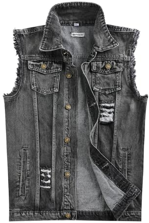 NASKY Men's Fit Retro Ripped Denim Vest Sleeveless Lapel Jean Vest Jacket Waistcoat Top(Dark grey,Large)