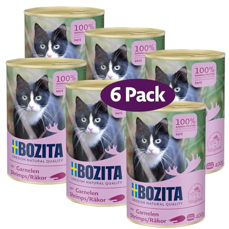 Bozita Paté crevettes sans céréales - 6 x 400 g de Nourriture Humide pour Chats et Chatons - Aliment Complet avec 9,5% de protéines et 5% de matières Grasses - Ingrédients naturels de qualité