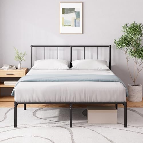 Zinus Justin Double Bed Frame with Headboard - 4ft6 (135 x 190 cm) - 14'' Height - Metal Bed Base with Steel Slat Support - Storage Space Underneath - Modern Design - Easy Assembly - Black