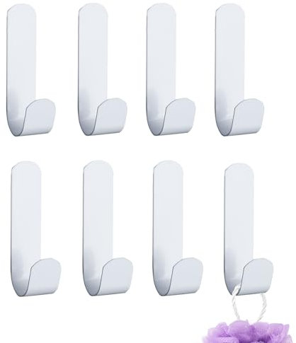 RUCUDIM Ganci adesivi in acciaio inox, 8 pezzi, autoadesivi, per bagno e cucina, senza fori, impermeabili, per asciugamani, da parete, autoadesivi (Bianco)