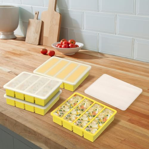 4 st frysbrickor i silikon med lock flexibla 4 celler soppfrysformar enkel frisättning mat frysbricka mat frysning behållare iskubsbricka för måltidsförberedelse, soppa, sås vänsterhänta (gul)
