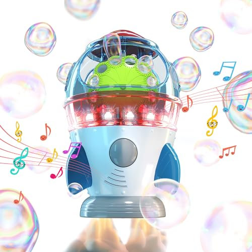 Seifenblasenmaschine,Automatischer Rocket Blasenmacher 10000+ Bubbles/Min mit Lichtern und Musik für Kinder,Elektrische Blasenmaschine für Indoor Outdoor Hochzeit Geburtstag Party