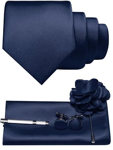 JEMYGINS Corbata de sarga para hombre con diseño monocolor, incluye pañuelo de bolsillo, gemelos, pinza de corbata y broche de flores, set de regalo para fiestas, negocios, bodas, azul marino, M