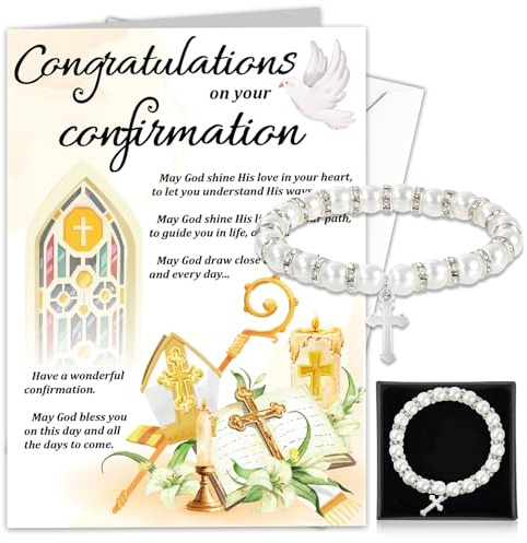 HOWAF Confirmation Card Congratulations Card & Pearl Cross Bracelet, Gift Box, Confirmation Gifts for Girl, Daughter, Granddaughter, Niece