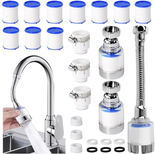 Huucozn Lot de 3 Filtres de Robinet 360 ° Pivotant Filtre eau Robinet avec 10 éléments filtrants en coton PP, Universel Filtre Anti Calcaire Robinet Rallonge de Robinet pour cuisine et salle de bain
