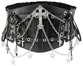 WDIRARA Women's Faux Leather Corset Belt Chain Goth Punk Cross Lace Up Side Elastic Waist Corset Black Large