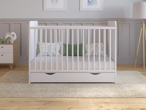 Love For Sleep Cuna de Madera para bebé 120x60 cm con cajón Blanco – Convertible en Cama Infantil – Altura Ajustable – Cuna evolutiva para recién Nacido y niño pequeño