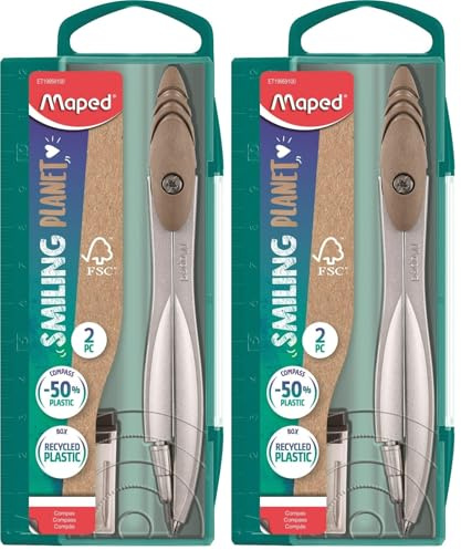 Maped - Zirkel Study Smiling Planet Mine – Der verantwortungsvolle Zirkel – Estrich des Rings aus 50% FSC-zertifizierten Holzfasern – Äste aus Metall – ab 10 Jahren (Packung mit 2)