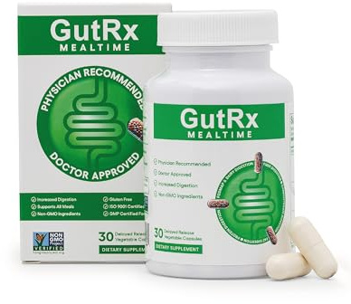GutRx Mealtime Digestive Enzymes Lactase, Lipase & Bromelain for FODMAP, Carb, Fat & Protein Breakdown with Alpha-Galactosidase for Bloating, Gas & Food Sensitivities – 30 Capsules