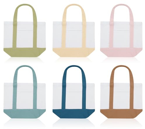 Eccliy 6 Pcs Mini Canvas Tote Bags 13 x 11 x 6 Small Tote Shopping Bag Bulk with Pocket Handle Blank Heavy Duty Reusable Canvas (13 X 11 X 6,Morandi Color)