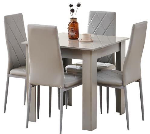 Rainbow Tree Modern 5 Piece Dining Room Table and Chairs Set, Wooden Square Table with 4 Chairs for Small Space Apartment Space Saving (Grey Table+4 Grey Argyle PU Chair)