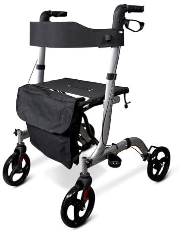 Aidapt 4 Wheel Rollator with Seat and Shopping Bag. Height Adjusting Handles, Foldable, Aluminium Frame, Lightweight, 8 Puncture Proof Wheels. Parking Brakes, for Mobility, Elderly Walking Aid