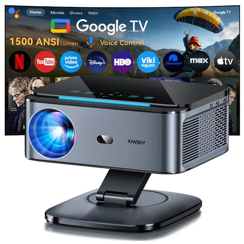Proyector【1500 ANSI/Google TV/Auto Focus】 XIWBSY Proyector Portatil 38000 Lúmenes, Gira 360 °, WiFi 6 Bluetooth 5.3, Control por Voz, Soporte 4K 1080P, Proyectores Video Cine En Casa/Exterior Netflix