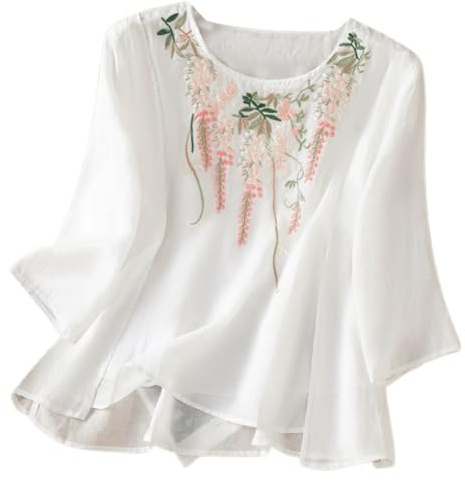 Camicia da donna in lino con ricami in stile bohémien, tunica estiva con stampa floreale grafica, primavera indiana, arricciata davanti, bluse per anziani, scollo tondo, retrò, in cotone, a maniche