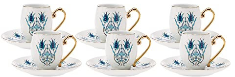 Karaca Iznik Kaffeeservice für 6 Personen -12 teilig, Traditional Türkisch Kaffeetassen Set mit Untertassen, Espressotassen, Mochatassen Set aus Porzellan, Cappuccino