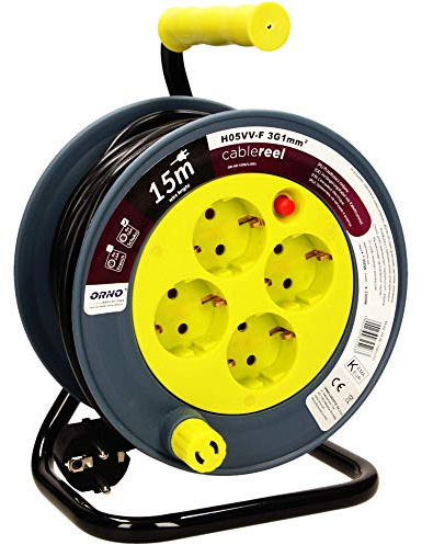 Orno AE-1339 Mini Kabeltrommel 15m mit 4 Steckdosen, Metallständer und Thermoschutz || 2300W / 10A, 230V~, 50Hz || 18 x 24.5 x 14 cm (Gelb)