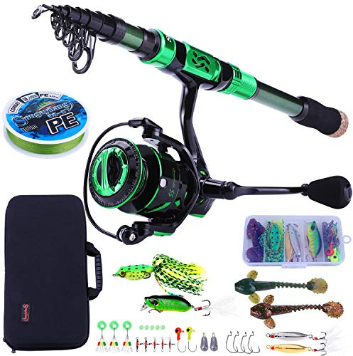 Sougayilang Combos de caña de Pescar y Carrete, caña de Pescar telescópica de Fibra de Carbono, Carrete Giratorio 12 + 1 BB con Funda de Transporte para Equipo de Pesca de Agua Salada y Agua Dulce