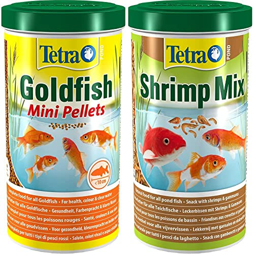 Tetra Pond Goldfish Mini Pellets Fischfutter - für kleine Goldfische und Kaltwasserfische im Gartenteich, 1 L & Pond Shrimp Mix - Snack für Teichfische aus natürlichen Shrimps und Gammarus, 1 L