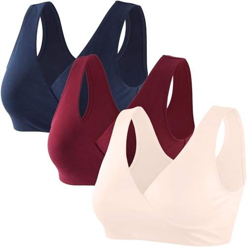 ZUMIY Maternity Nursing Bras, Seamless Maternity Bra for Pregnancy & Breastfeeding, Comfortable Wireless Bra Night Sleep Top (L,Navy Blue+Red Wine+Apricot/3pack)