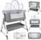HUOLE Lit Cododo Bébé 0-6 Mois avec Roues Intégrés, 2en 1 Lit bébé Berceau Cododo,Berceau Cododo avec Matelas et Moustiquaire,80 * 40 * 100-115 cm (6 Niveaux de Hauteur) - Lin
