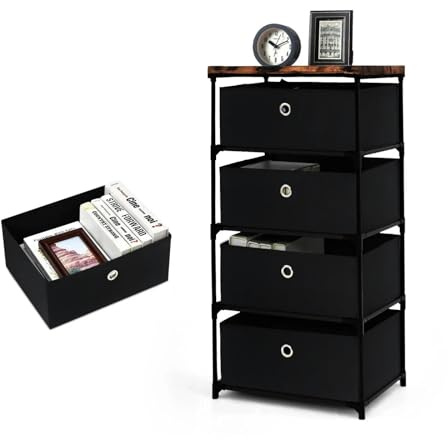 KOMFOTTEU Kommode mit 4 herausnehmbaren & faltbaren Schubladen, Schubladenschrank aus Stoff, Stoffkommode Aufbewahrungsschrank für Wohnzimmer, Büro, Studie (Schwarz)