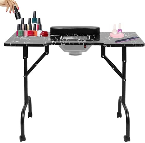 mesterth Mesa de manicura portátil, mesa de uñas, salón de belleza, técnico, escritorio, plegable, mesa de manicura, para salón y hogar, con ventilador colector de polvo
