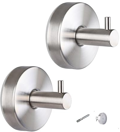 BUSORI Gancho Ventosa Baño | Colgadores Toalla Acero Inoxidable 304 | Colgador Albornoz Ventosa Extra Fuerte | Sin Taladro Pared Cristal | Tornillo Incluido | 2 Piezas. (PLATA)