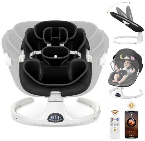 Helangel Columpio eléctrico para bebé, silla mecedora desde el nacimiento con arnés de 5 puntos, silla columpio para bebé con 5 velocidades de columpio, temporizador de 3 etapas, control remoto y