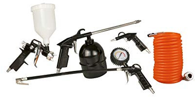 FERM Druckluftwerkzeug-Set - 5-Teilig Farbspritzpistole - Sprühpistole - Riefenfüller - Ausblaspistole - Spiralslauch 5m