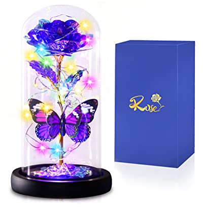 Mothers Day Rose Gifts for Mom from Daughter Son - Mothers Day Decorations Galaxy Butterfly Rose - Purple Glass Flowers Gifts for Mom Wife Grandma Women Her Birthday Valentines Anniversary Party Decor