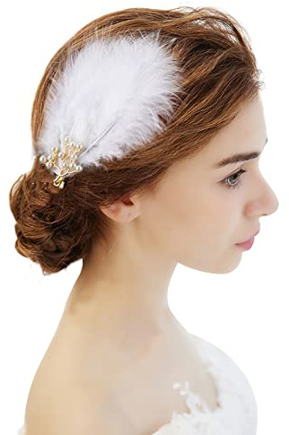 MWOOT 2 Pezzi Fermaglio Capelli Piume Bianche, Fermaglio Capelli Perle Piume Fatto a Mano, Elegante Barrettes Copricapo Feather Hair Clip per Donne Ragazze Matrimonio Halloween Tea Party Decorazione