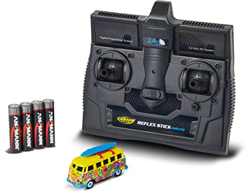 Carson 500504150 1:87 VW T1 Bus Flower Power 100% RTR - Fahrfertiges Modell, 2.4 GHz Fernsteuerung mit Ladeanschluss, inkl. 4xAAA Senderbatterien, mit LED Beleuchtung, Anleitung