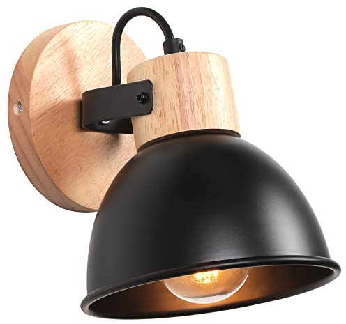 iDEGU Applique Murale Interieure Spot LED 15cm Rétro Lampe Murale Insustrielle en Bois Fer Design Vintage Luminaire Réglable Lustre Plafonnier E27 Éclairage Mural pour Chambre Cuisine Salon (Noir)