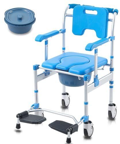 Shower Chair with Wheels Folding Armrests Can Be Upturned Rolling Shower Wheelchair Bedside Commode Chair Toilet with Detachable Bucket for Seniors and Disabled, Weight Capacity 330lbs (Blue)