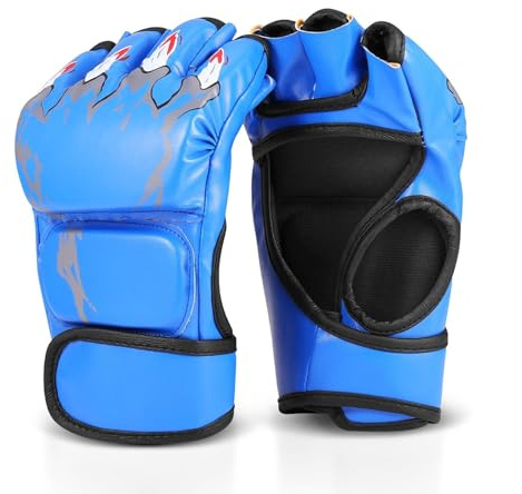 Flexzion Guantes MMA con Correa de Velcro, Guantes de Boxeo de PU y Esponja EVA para Hombre y Mujer, Guantillas de Entrenamiento para Karate, UFC, Muay Thai, Artes Marciales, Azul