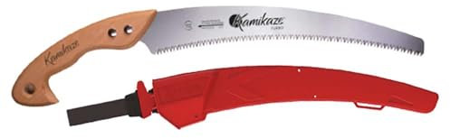 KAMIKAZE Serrucho de Poda Curvo W-330H con Mango de Madera y Hoja Curva de 330mm. Sierra para Madera con Hoja de Acero SK-4 Rico en Carbono de Alta Durabilidad. Incluye funda con clip.