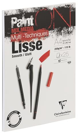 Clairefontaine - Ref 975729C - Paint'ON Multi-Technique White Smooth Glued Paper Pad (25 Sheets) - A4 Size, 250gsm Heavyweight Paper, Acid Free, pH Neutral, Smooth Paper