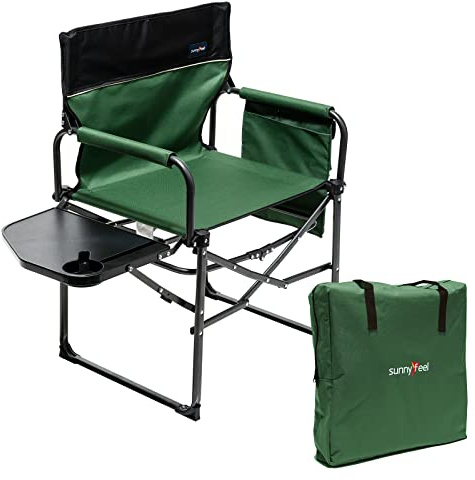 SUNNYFEEL Camping Director Chair, Portable Folding Chair with Side Table and Storage Pouches, Compact Heavy Duty for Adults Outdoor(Green)