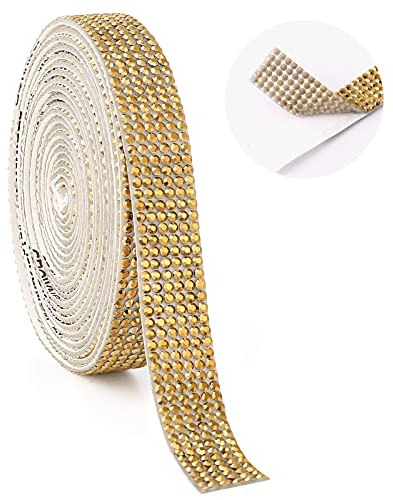 Luickin Self Adhesive Crystal Rhinestone Diamond Ribbon，Rhinestone Decorative Sticker with 2mm Rhinestones, Diamond Crystal Sticker for Car Decoration or DIY Crafts (13mm x 3Yards / 2.74Meter, Gold)