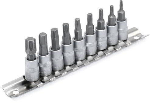DAKCOS 1/4 Juego de 9 Llaves de Vaso Torx Llaves de Vaso Estrella T-Star T10 - T50, Kit de Vasos de Cr-V Broca de Acero de Aleación S2