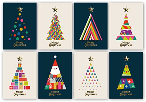 Charity Christmas Cards Pack of 32. Christmas Card Multipack with 3D Gold Foiling. 8 Different Festive Tree Designs. Ecofriendly Cards, envelopes and Box. Blank Inside. Made in UK