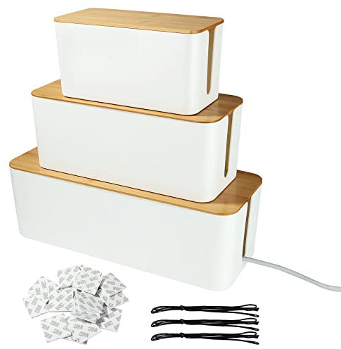 GOYADA 3 Pcs Boîte de Rangement de Câbles, 3 Tailles Boîte Cache Câble, Boîte de Rangement Blanche, Cache Multiprise Electrique avec Bois Couvercle pour Ranger Câbles et 3 Attache de Cables