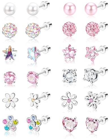 SAILIMUE 12 Pairs Hypoallergenic Screw Back Earrings for Women Girls Surgical Steel Cute Heart CZ Flower Pearl Ball Tiny Screwback Stud Earring